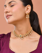 Jewels Nest Gold-Tone Temple Style Necklace With Red Green Stones And Pearl Drop Jhumka Earrings