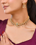 Jewels Nest Gold-Tone Temple Style Necklace With Red Green Stones And Pearl Drop Jhumka Earrings
