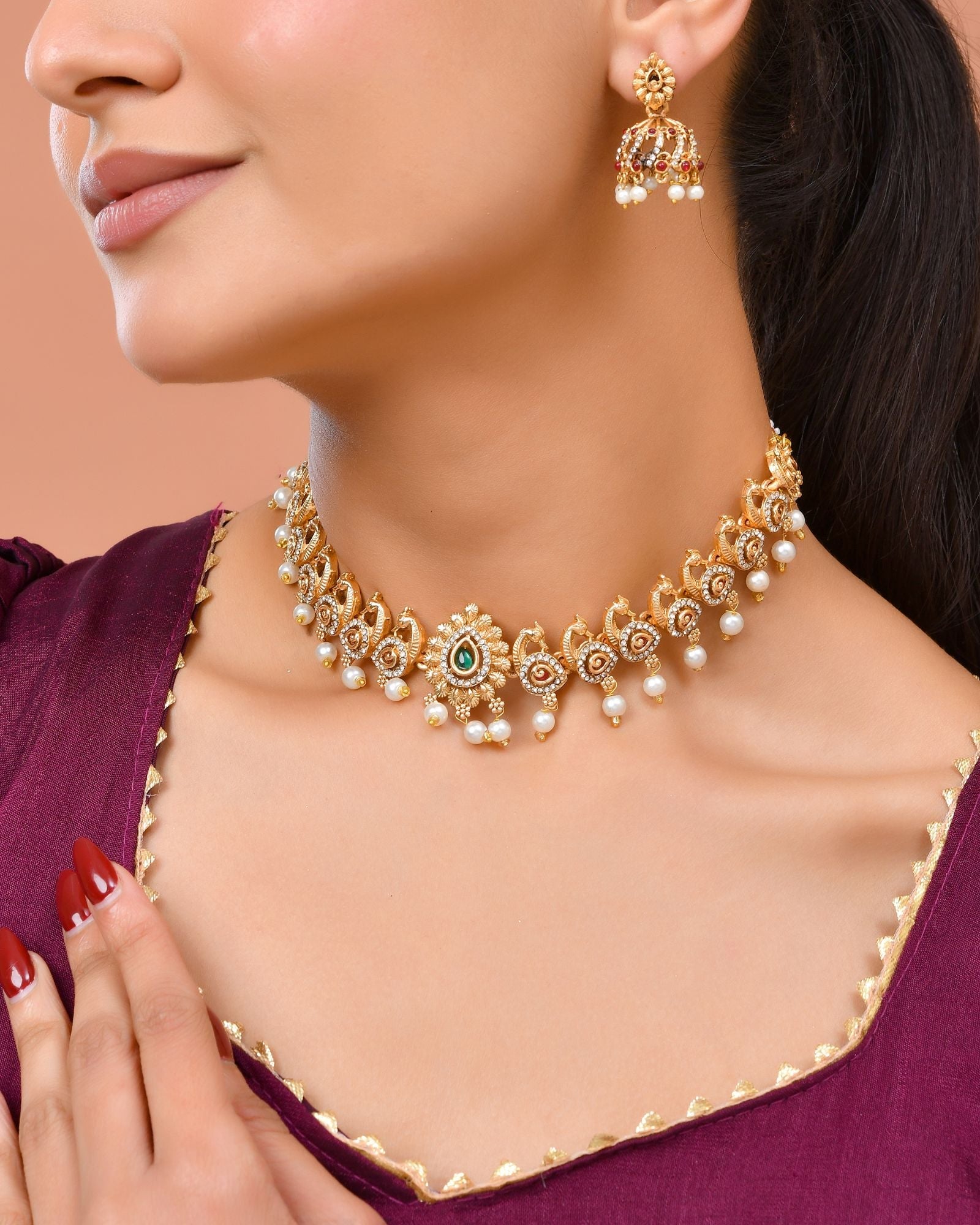 Jewels Nest Gold-Tone Temple Style Necklace With Red Green Stones And Pearl Drop Jhumka Earrings