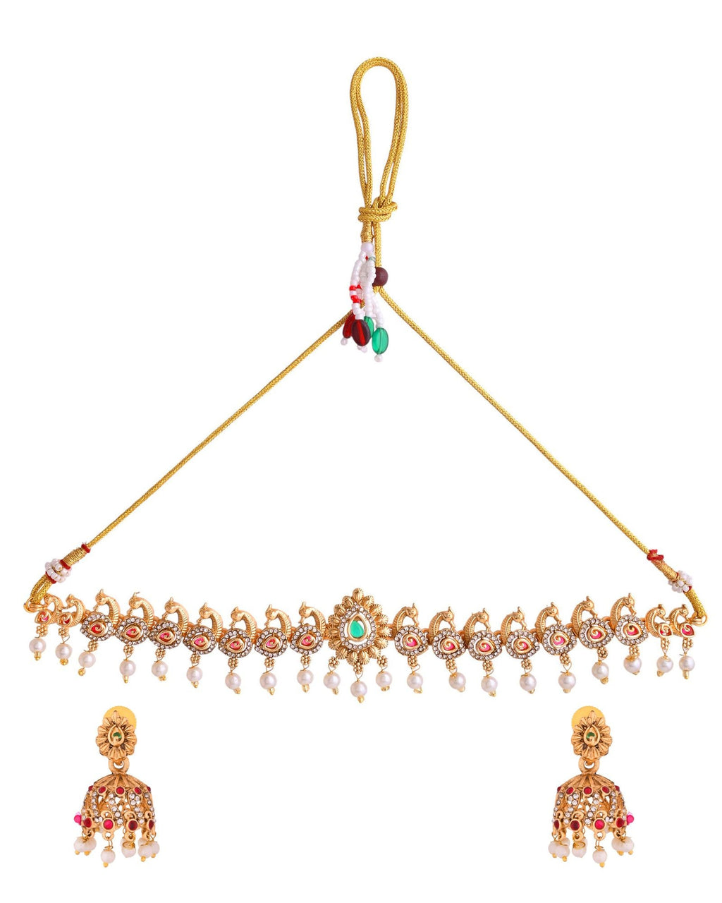 Jewels Nest Gold-Tone Temple Style Necklace With Red Green Stones And Pearl Drop Jhumka Earrings