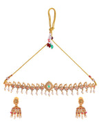 Jewels Nest Gold-Tone Temple Style Necklace With Red Green Stones And Pearl Drop Jhumka Earrings
