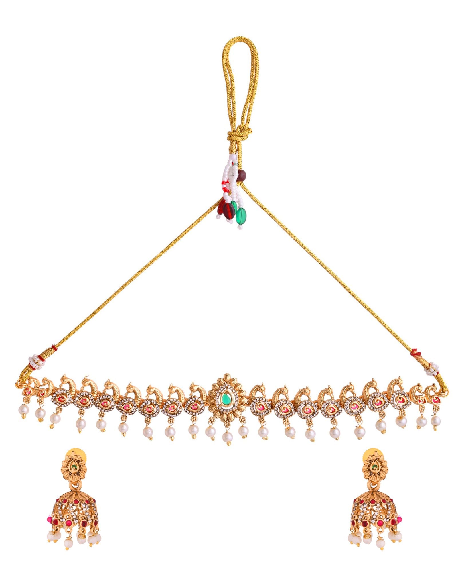 Jewels Nest Gold-Tone Temple Style Necklace With Red Green Stones And Pearl Drop Jhumka Earrings