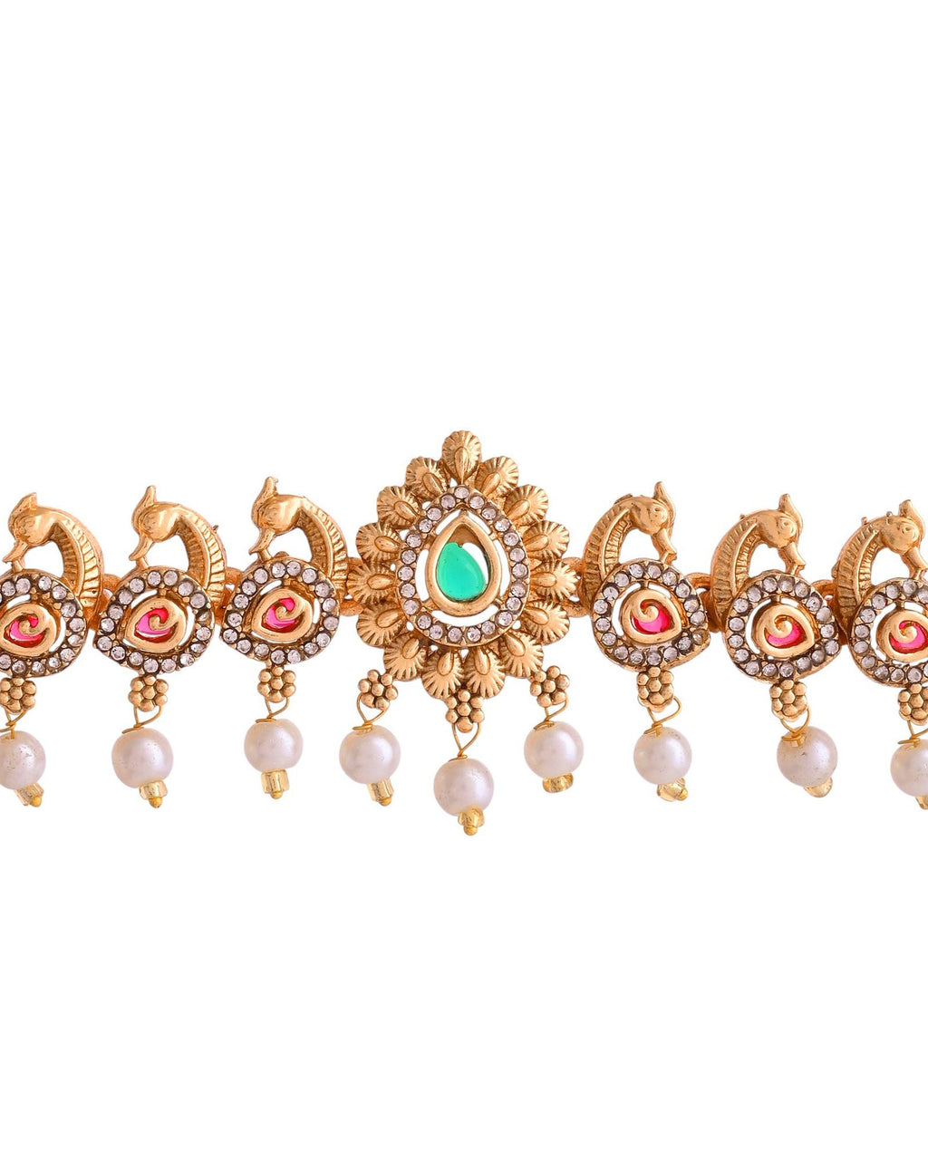 Jewels Nest Gold-Tone Temple Style Necklace With Red Green Stones And Pearl Drop Jhumka Earrings
