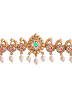 Jewels Nest Gold-Tone Temple Style Necklace With Red Green Stones And Pearl Drop Jhumka Earrings
