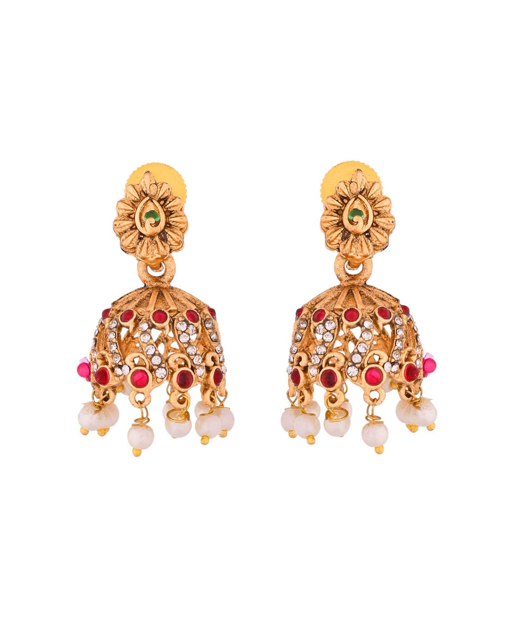 Jewels Nest Gold-Tone Temple Style Necklace With Red Green Stones And Pearl Drop Jhumka Earrings