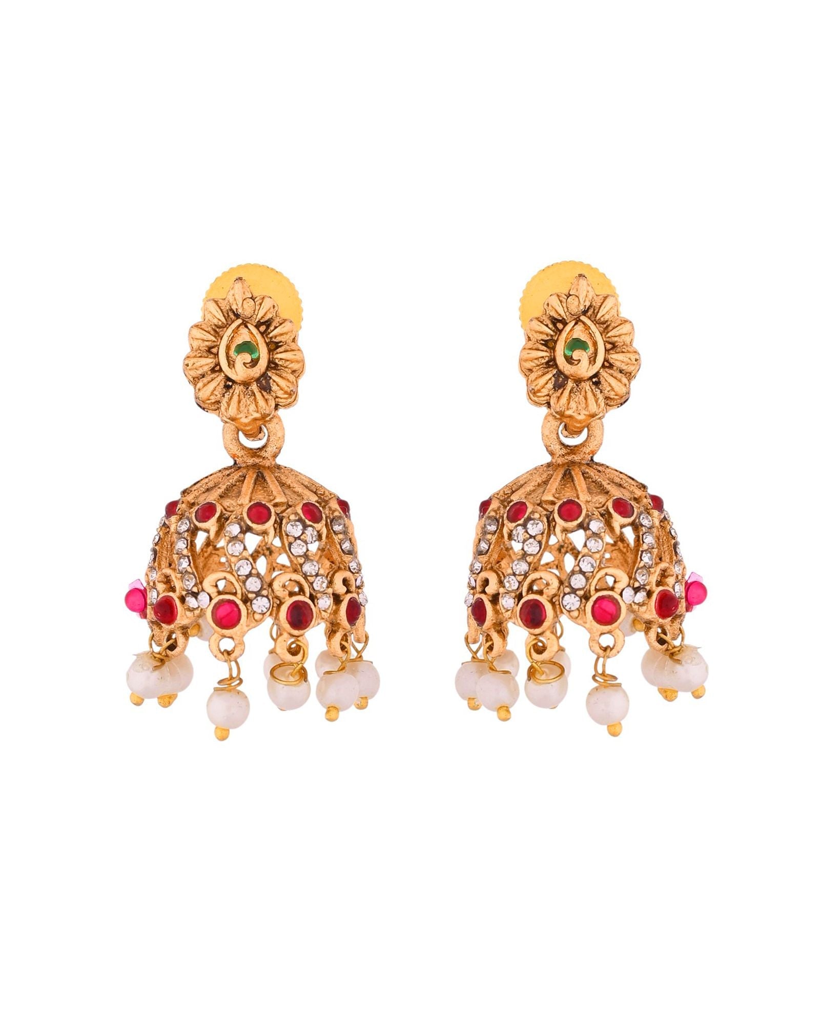 Jewels Nest Gold-Tone Temple Style Necklace With Red Green Stones And Pearl Drop Jhumka Earrings
