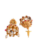 Jewels Nest Gold-Tone Temple Style Necklace With Red Green Stones And Pearl Drop Jhumka Earrings
