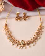 Jewels Nest Gold-Tone Temple Style Necklace With Red Green Stones And Pearl Drop Jhumka Earrings