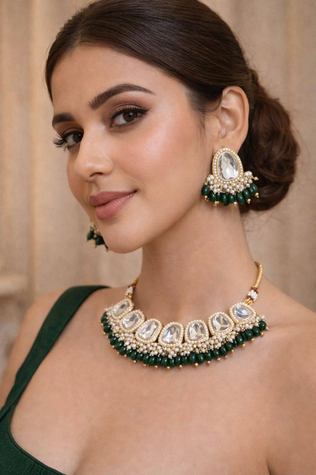 Jewels Nest Gold-Tone Kundan Necklace Set With Green Beads And Pearl Drop Earrings
