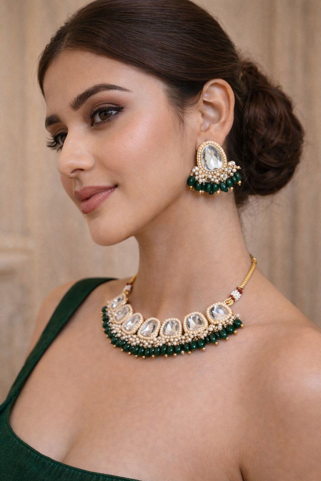 Jewels Nest Gold-Tone Kundan Necklace Set With Green Beads And Pearl Drop Earrings