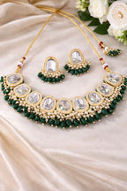Jewels Nest Gold-Tone Kundan Necklace Set With Green Beads And Pearl Drop Earrings