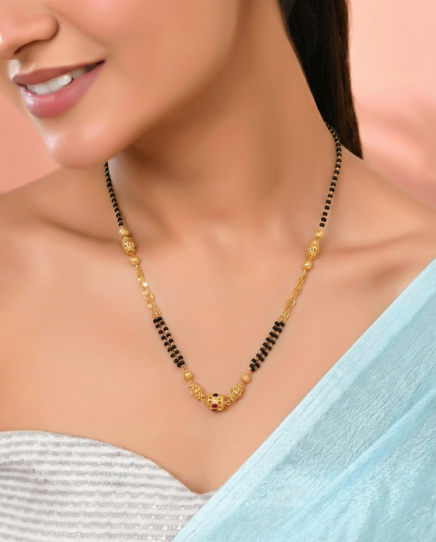 Jewels Nest Gold-Tone Black Beaded Mangalsutra Necklace With Filigree Center Design
