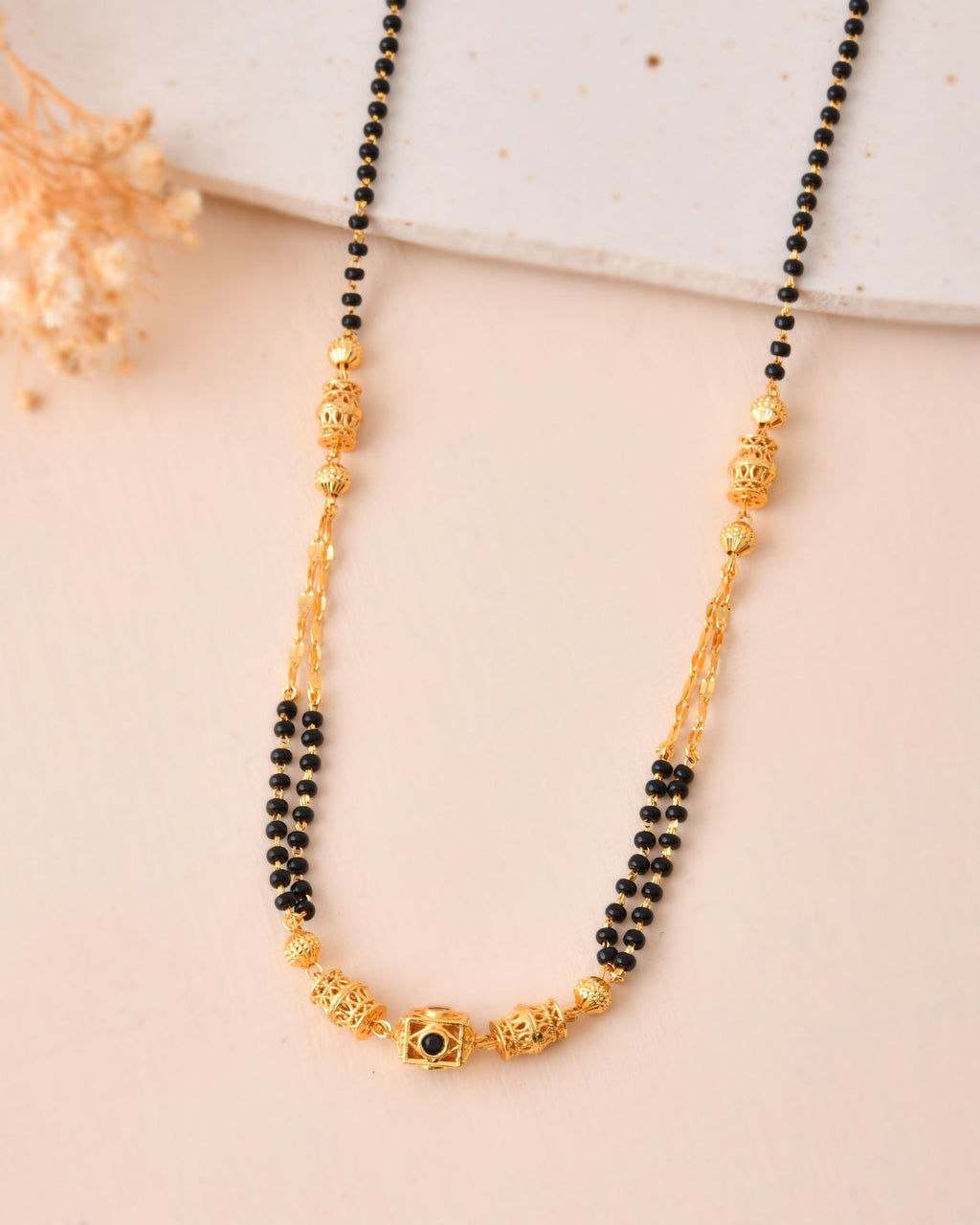 Jewels Nest Gold-Tone Black Beaded Mangalsutra Necklace With Filigree Center Design