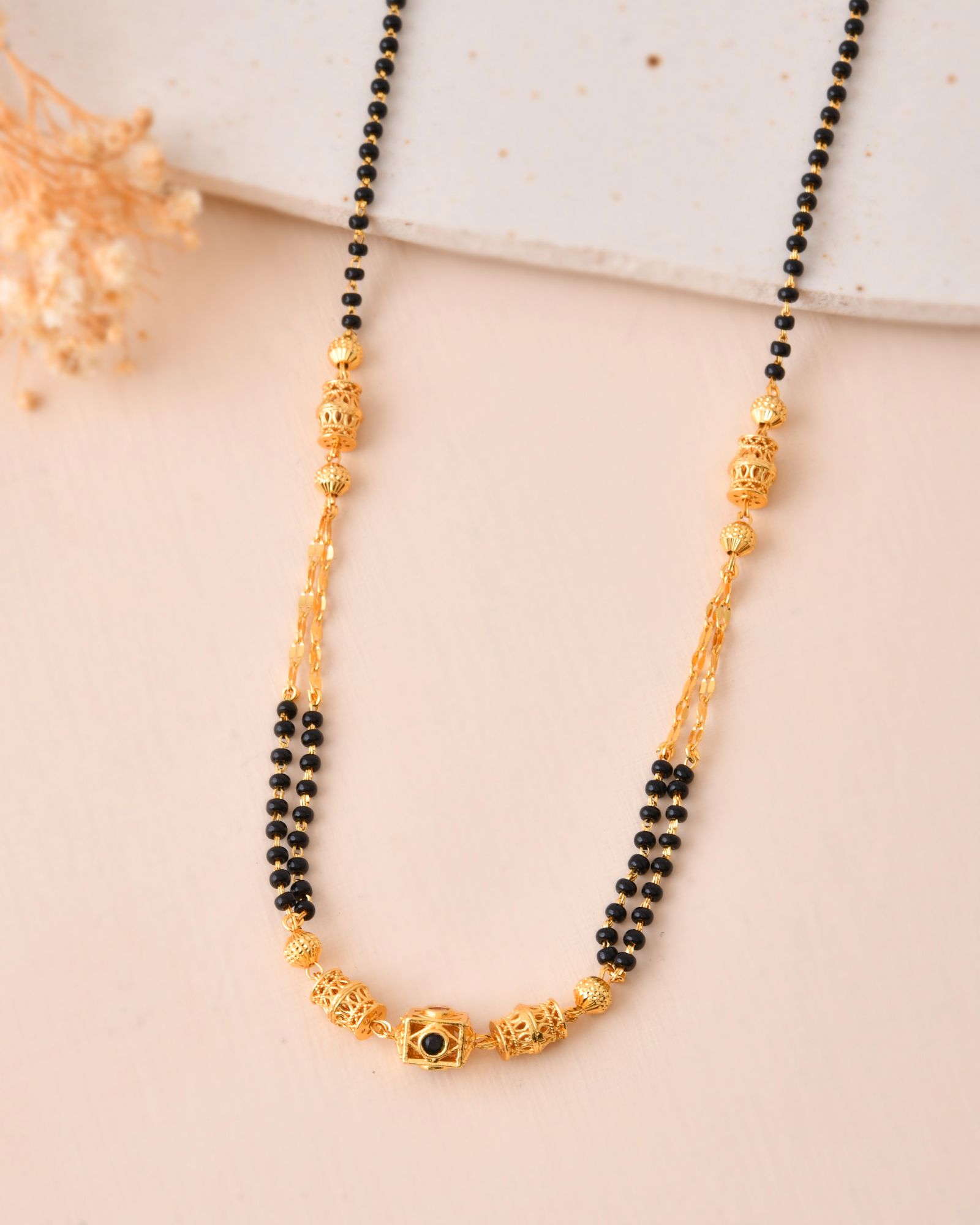 Jewels Nest Gold-Tone Black Beaded Mangalsutra Necklace With Filigree Center Design