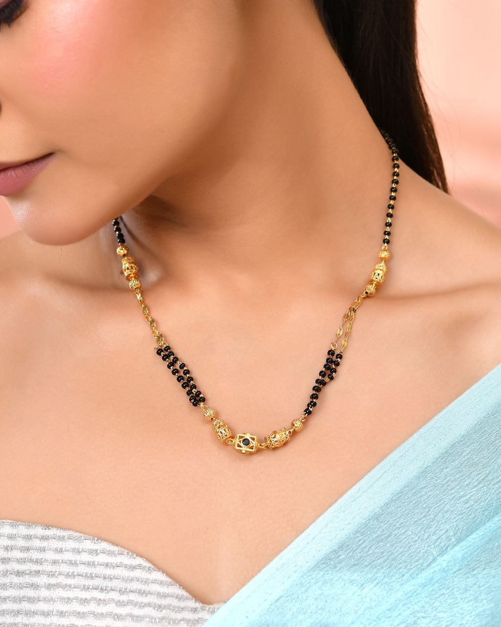 Jewels Nest Gold-Plated Black Beads Mangalsutra With Geometric Filigree Accent