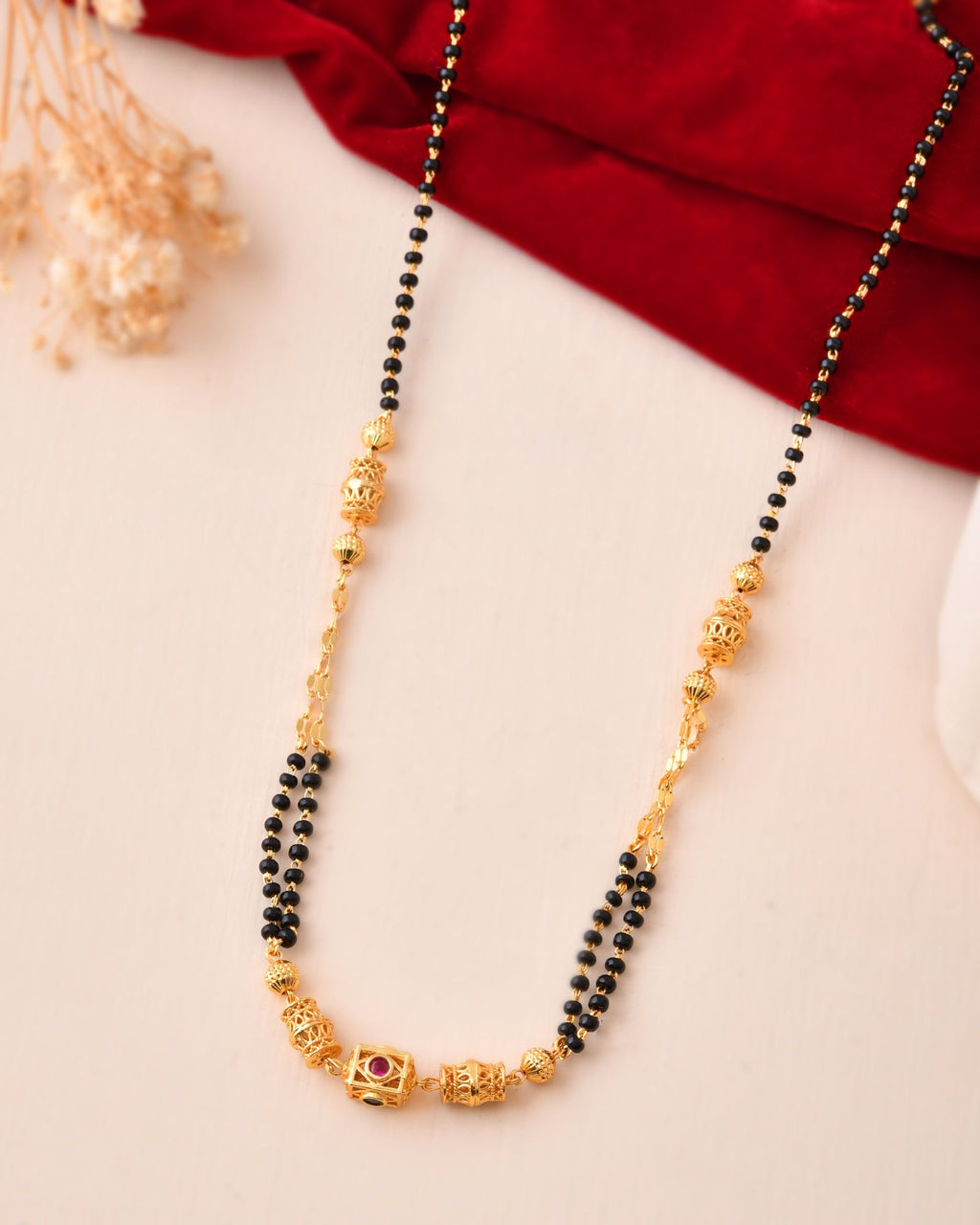 Jewels Nest Gold-Plated Black Beads Mangalsutra With Geometric Filigree Accent