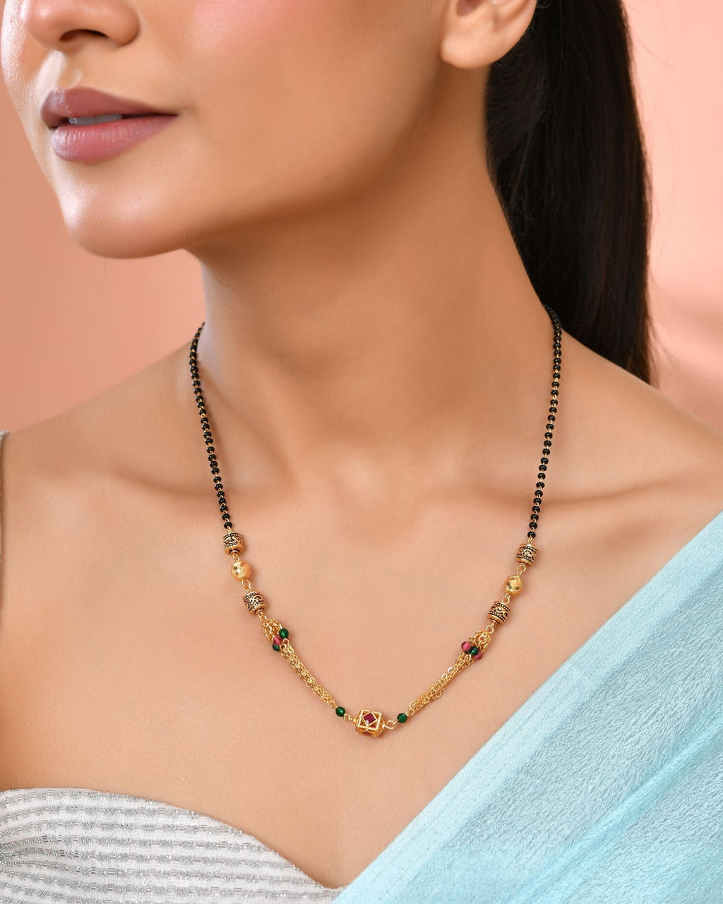 Jewels Nest Gold-Plated Black Beads Mangalsutra With Dual Chain & Stone Accent