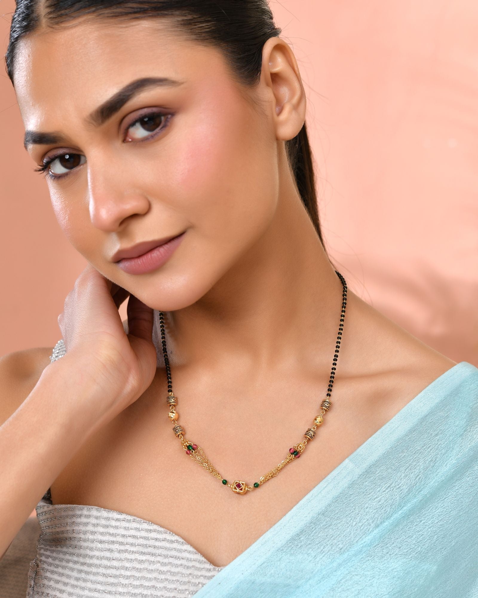 Jewels Nest Gold-Plated Black Beads Mangalsutra With Dual Chain & Stone Accent