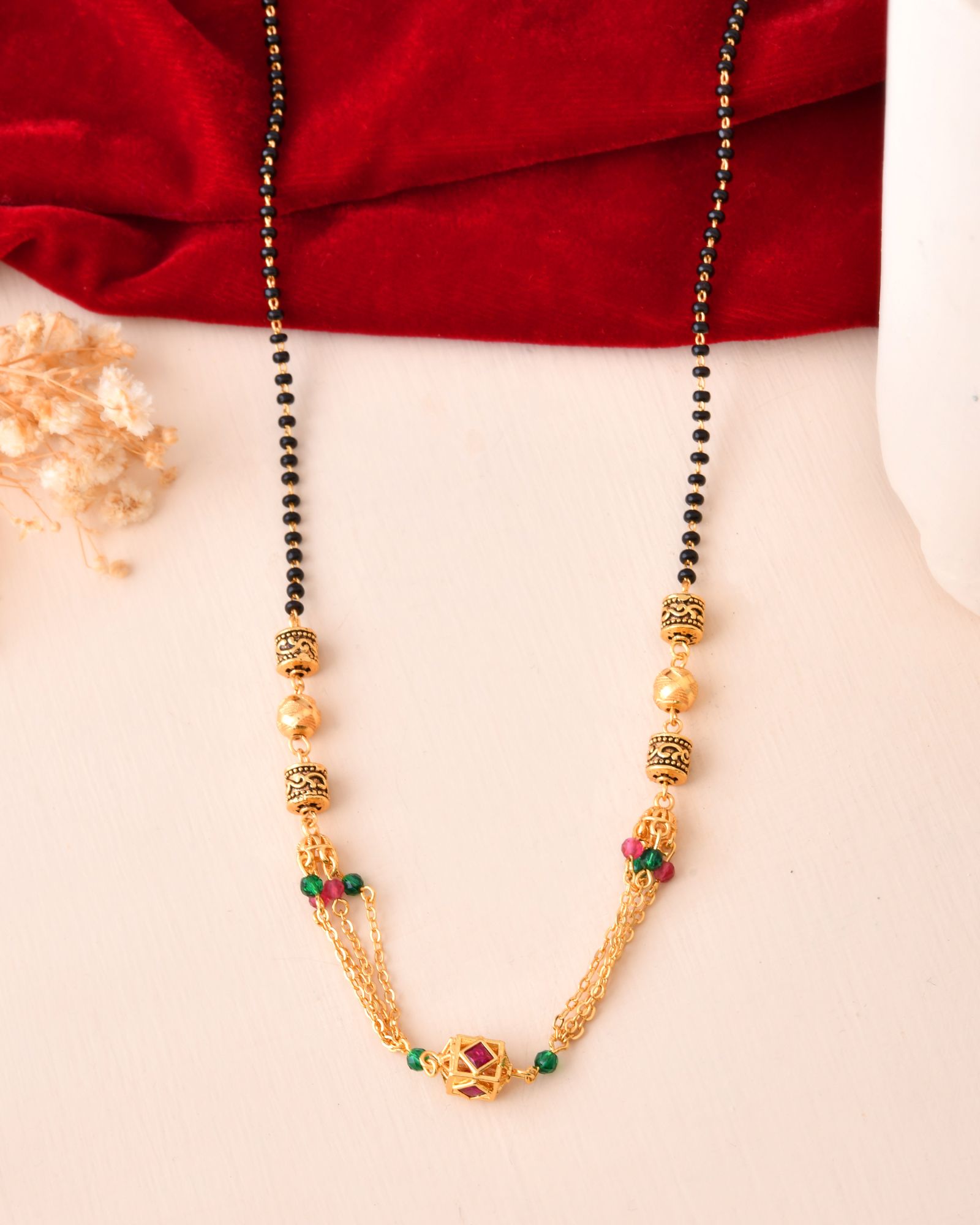 Jewels Nest Gold-Plated Black Beads Mangalsutra With Dual Chain & Stone Accent