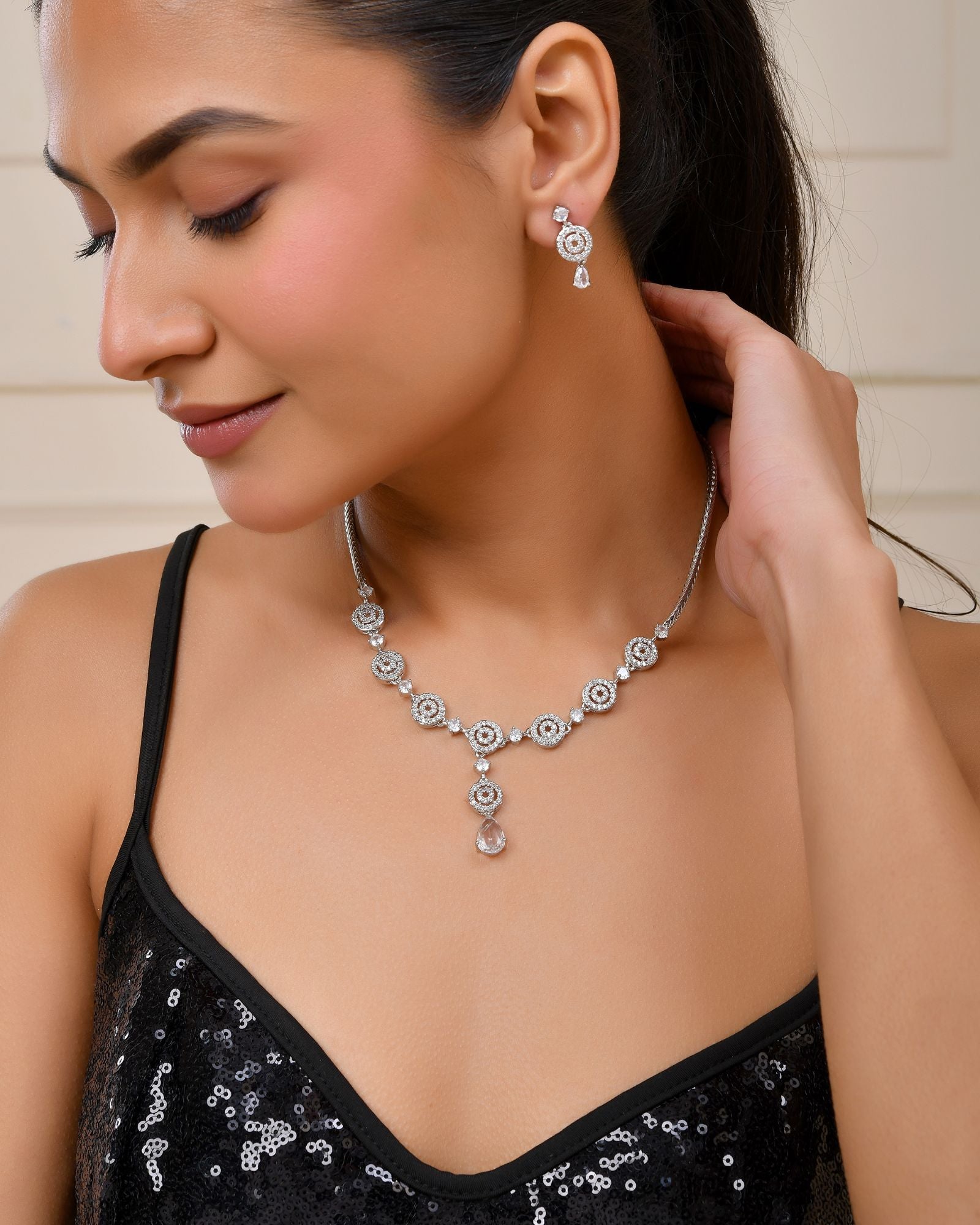 Jewels Nest Silver-Plated And Crystal Drop Necklace Set With Matching Earrings