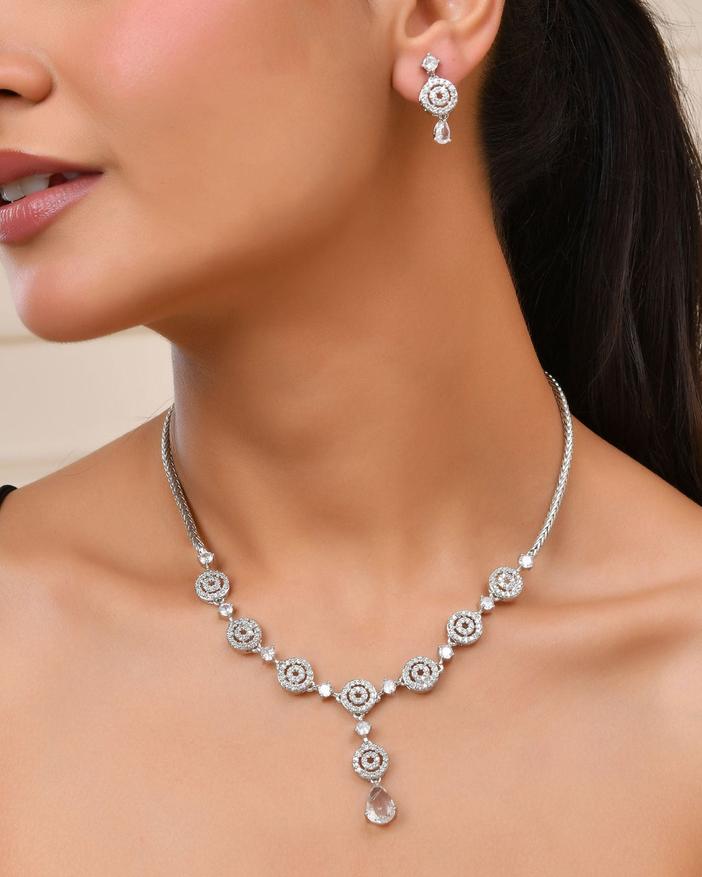 Jewels Nest Silver-Plated And Crystal Drop Necklace Set With Matching Earrings