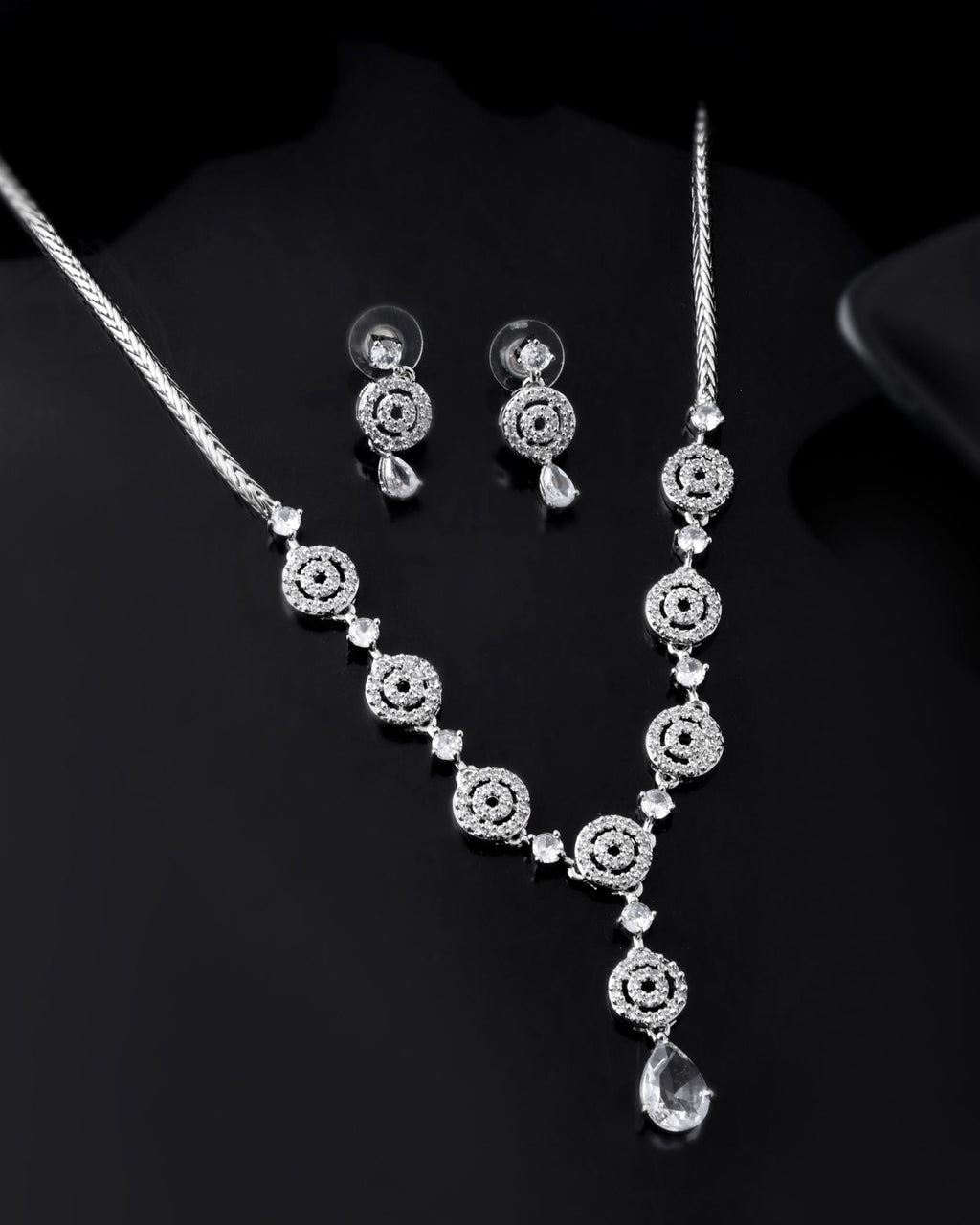 Jewels Nest Silver-Plated And Crystal Drop Necklace Set With Matching Earrings
