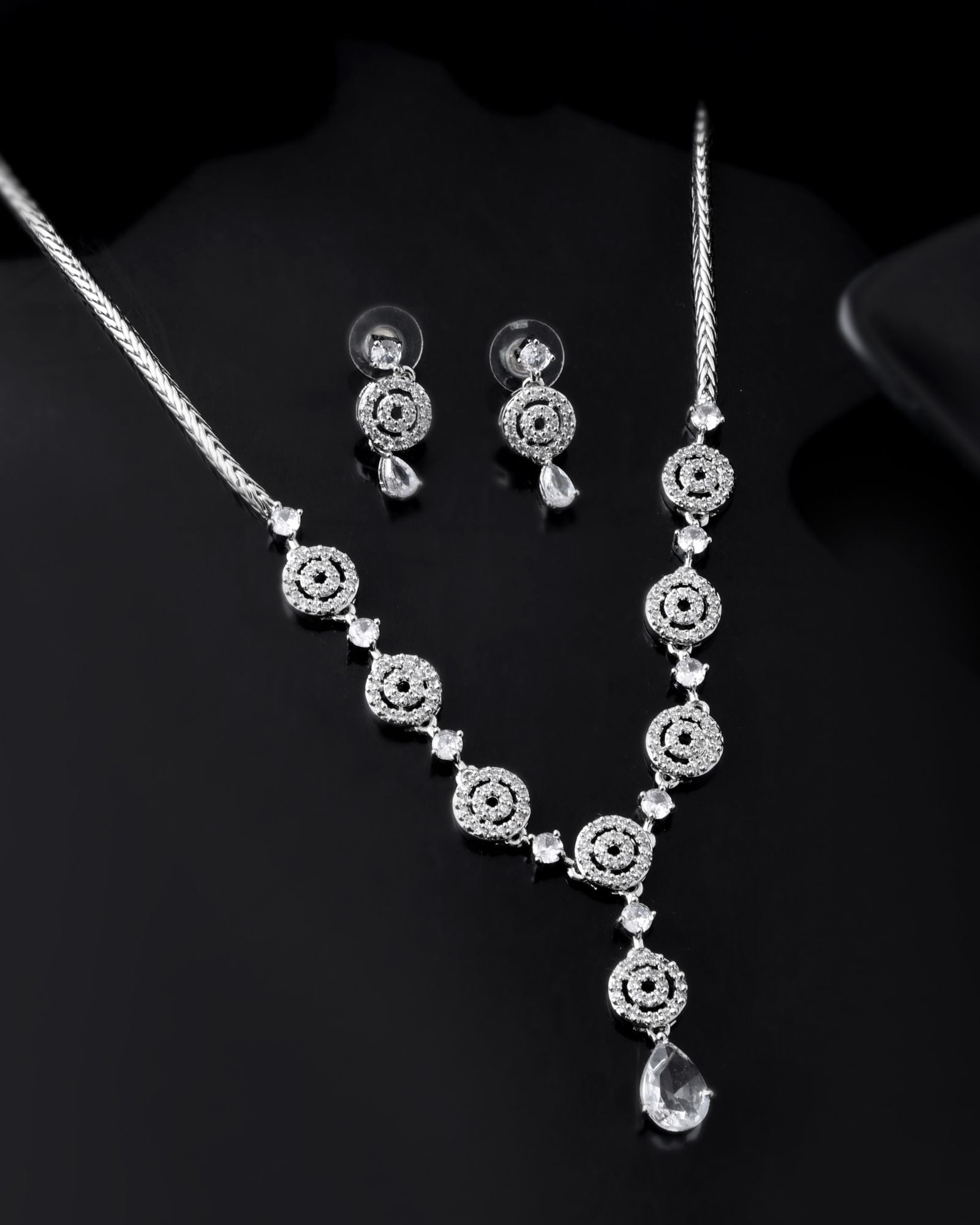 Jewels Nest Silver-Plated And Crystal Drop Necklace Set With Matching Earrings