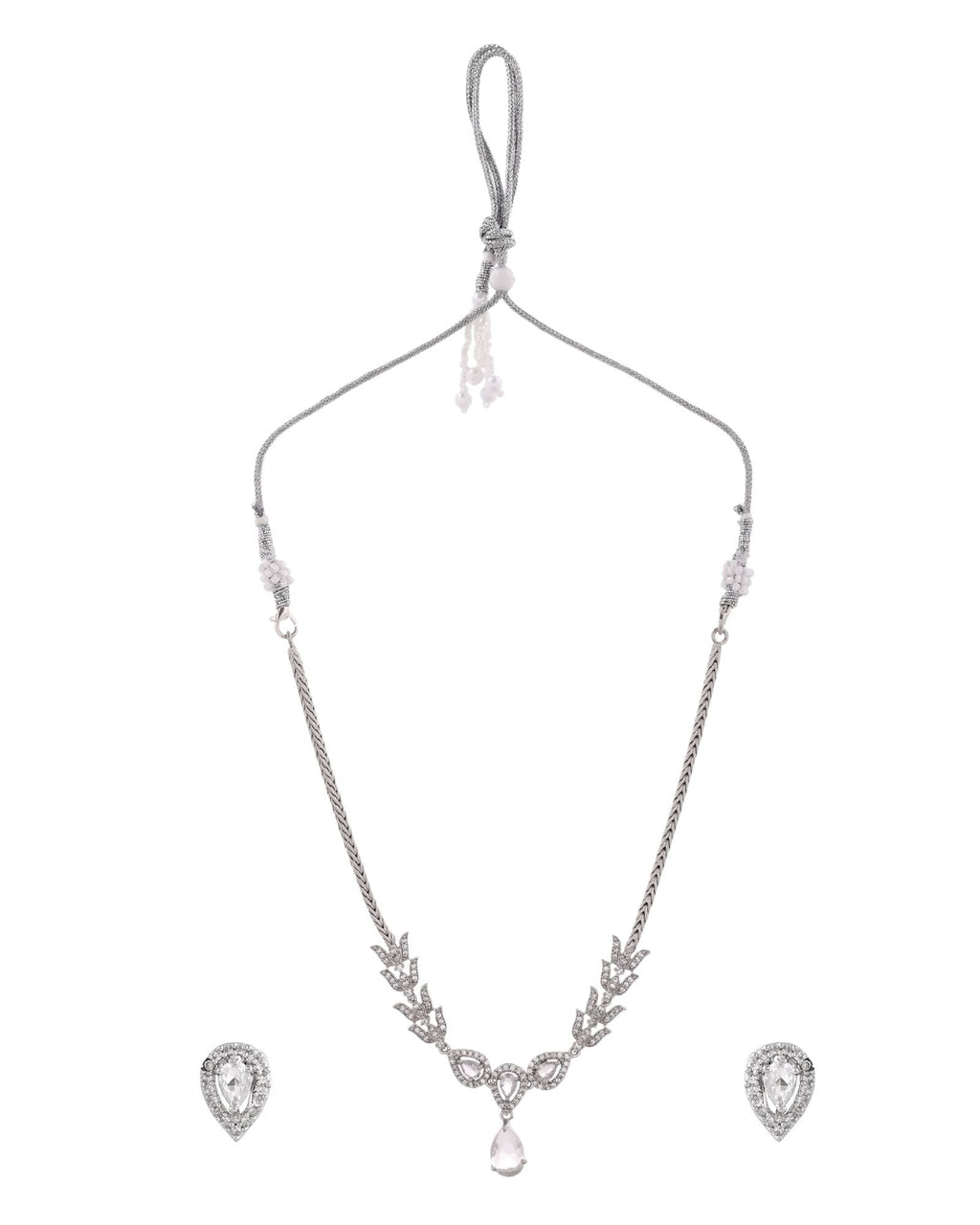 Jewels Nest Silver-Plated American Diamond (Ad) Necklace Set With Teardrop Pendant & Matching Earrings