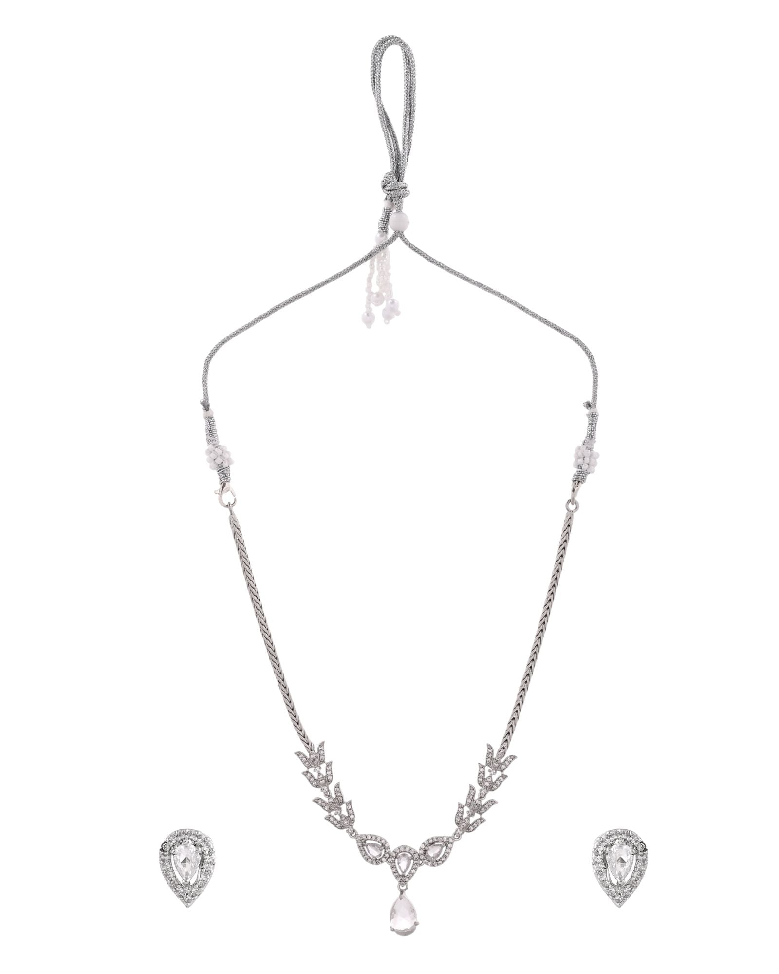 Jewels Nest Silver-Plated American Diamond (Ad) Necklace Set With Teardrop Pendant & Matching Earrings