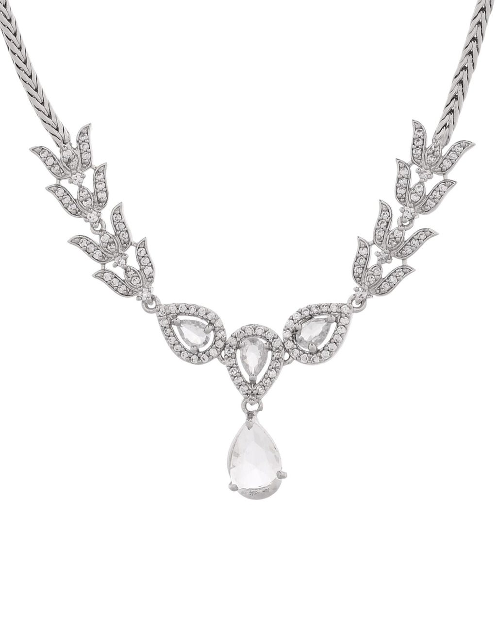 Jewels Nest Silver-Plated American Diamond (Ad) Necklace Set With Teardrop Pendant & Matching Earrings