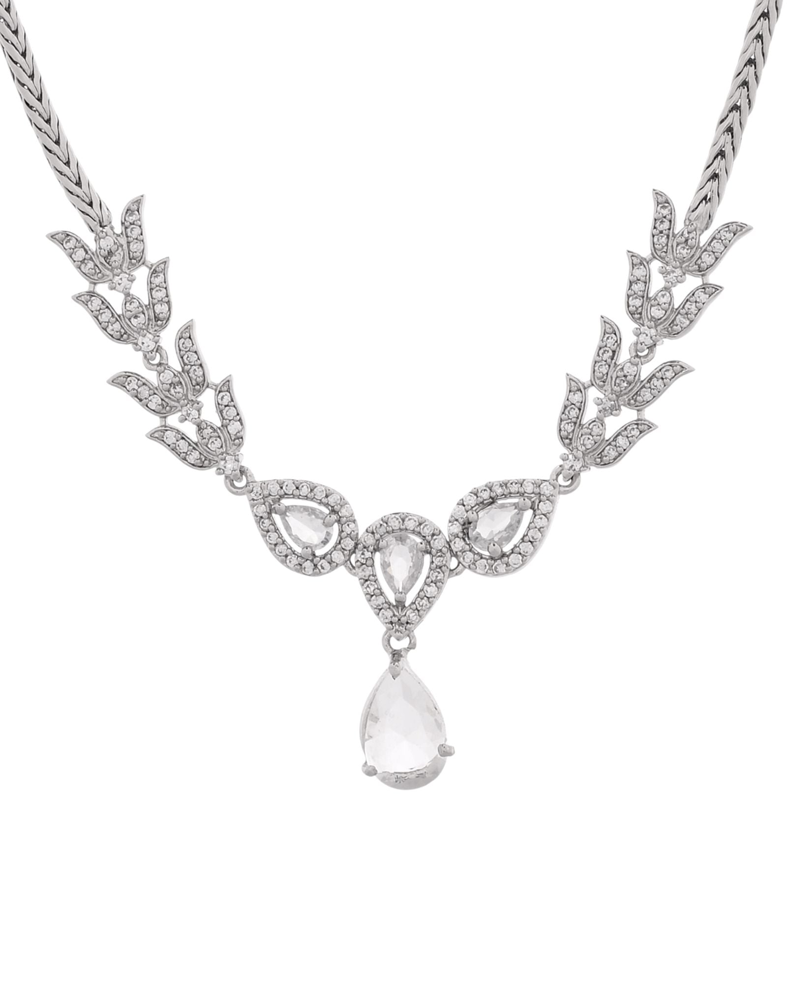 Jewels Nest Silver-Plated American Diamond (Ad) Necklace Set With Teardrop Pendant & Matching Earrings