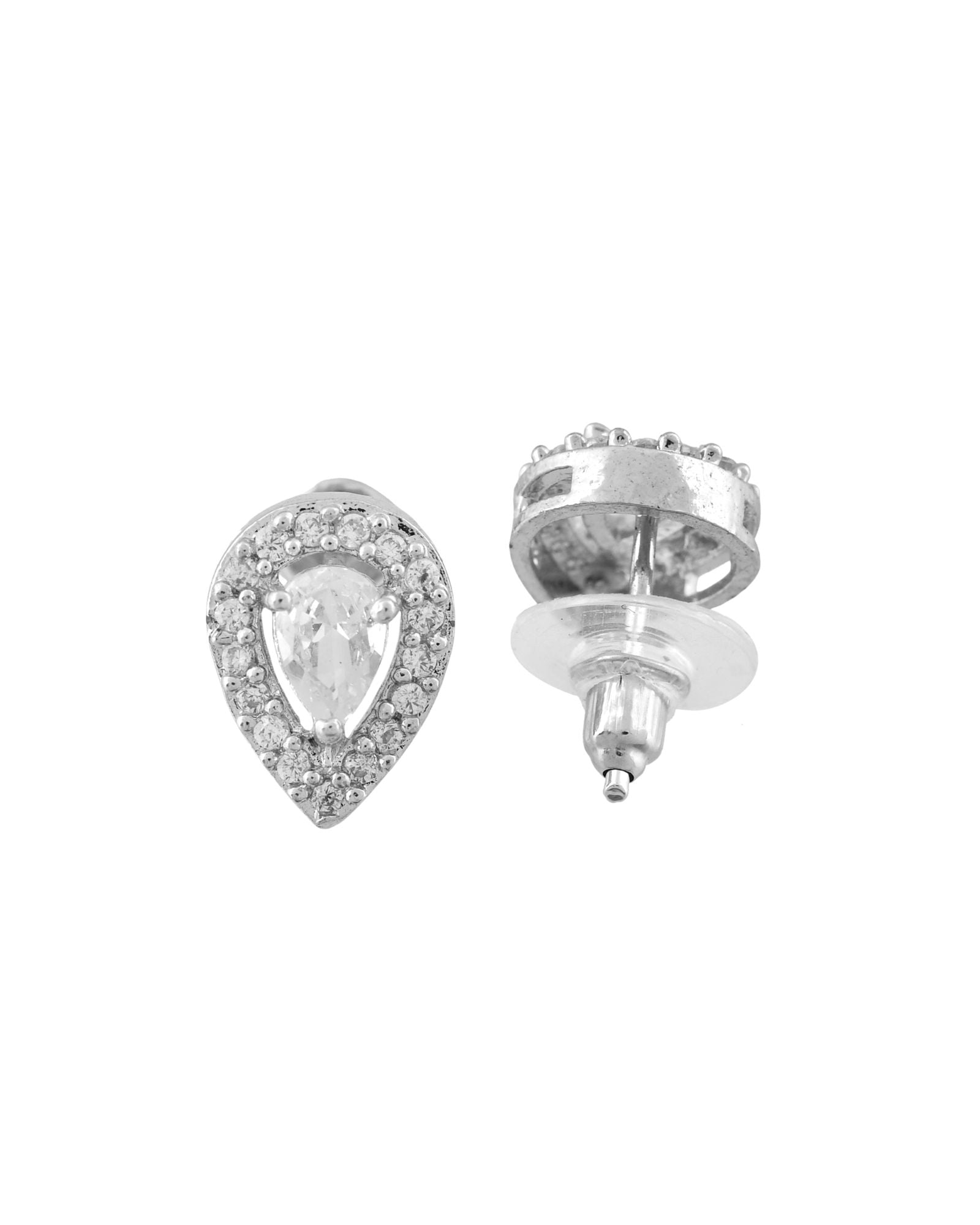 Jewels Nest Silver-Plated American Diamond (Ad) Necklace Set With Teardrop Pendant & Matching Earrings