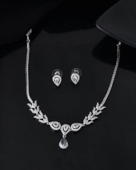 Jewels Nest Silver-Plated American Diamond (Ad) Necklace Set With Teardrop Pendant & Matching Earrings