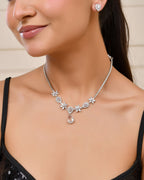 Jewels Nest Silver-Plated American Diamond (Ad) Floral Teardrop Necklace Set With Matching Stud Earrings