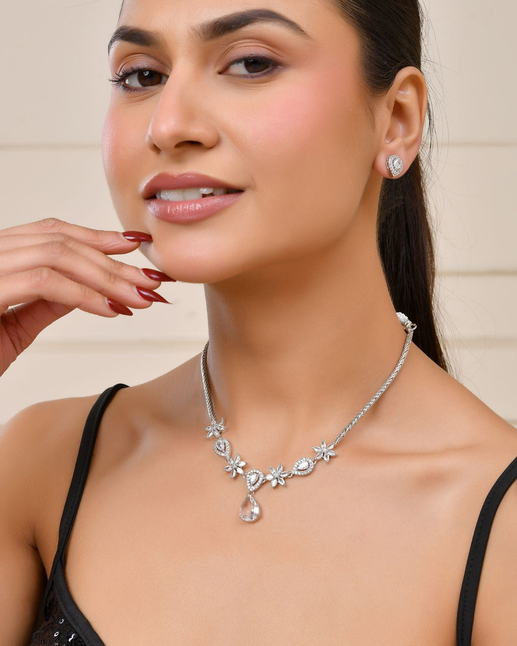 Jewels Nest Silver-Plated American Diamond (Ad) Floral Teardrop Necklace Set With Matching Stud Earrings