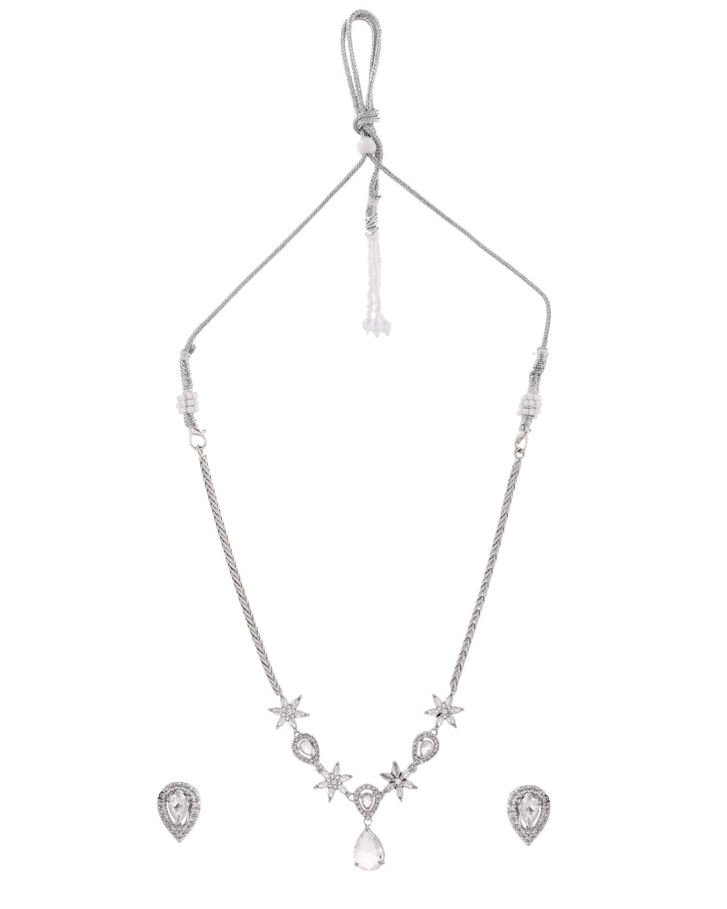 Jewels Nest Silver-Plated American Diamond (Ad) Floral Teardrop Necklace Set With Matching Stud Earrings