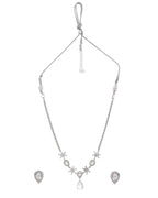 Jewels Nest Silver-Plated American Diamond (Ad) Floral Teardrop Necklace Set With Matching Stud Earrings