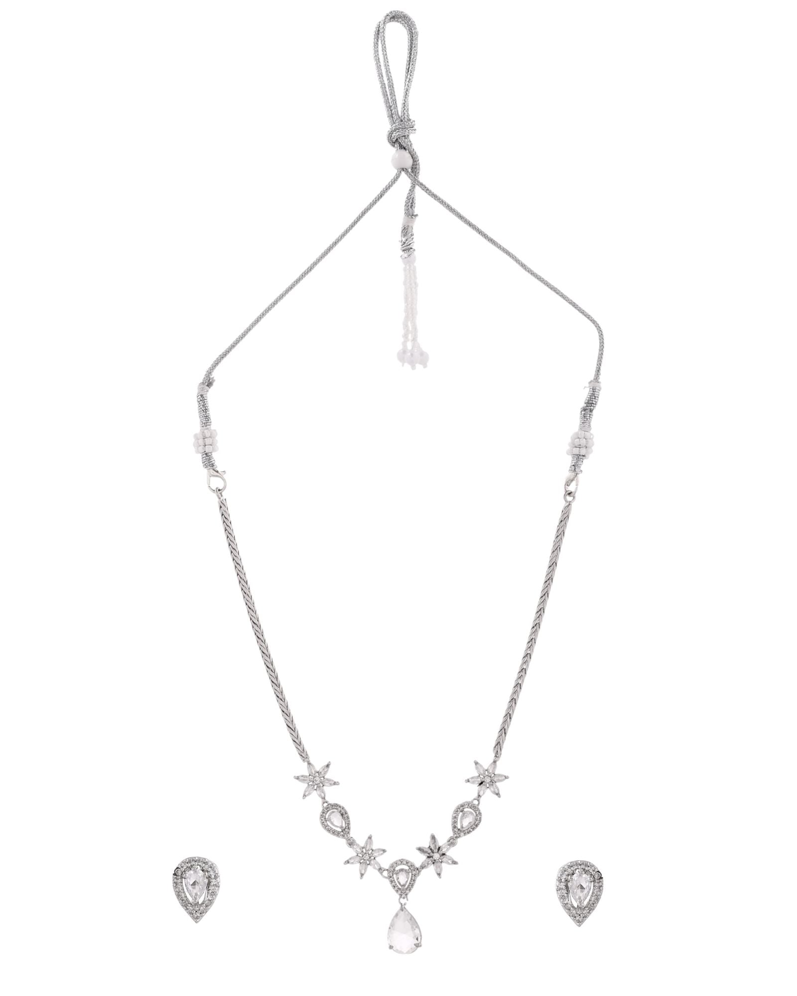 Jewels Nest Silver-Plated American Diamond (Ad) Floral Teardrop Necklace Set With Matching Stud Earrings