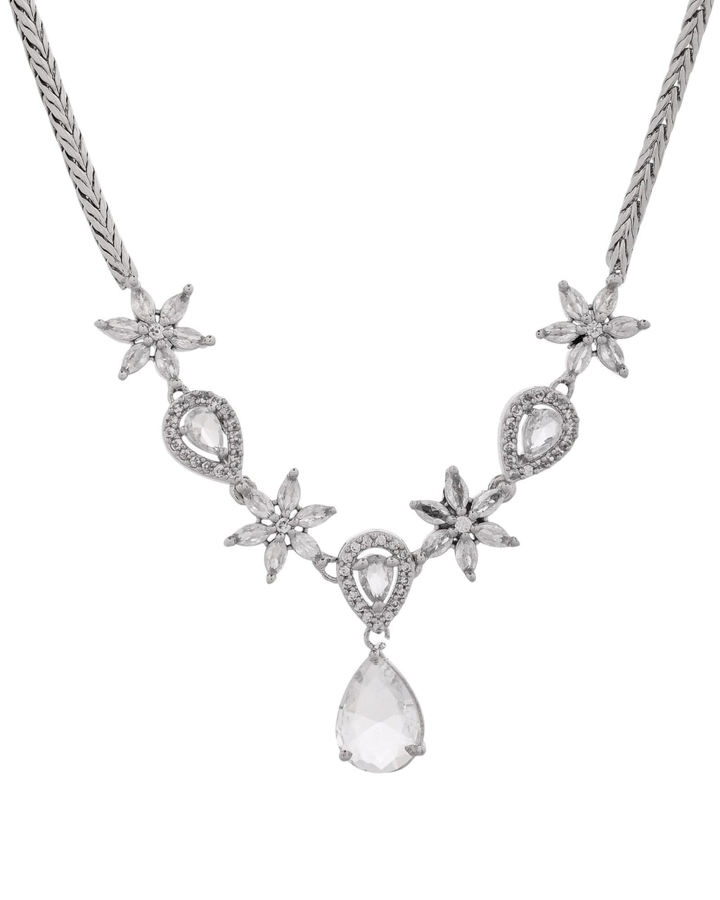 Jewels Nest Silver-Plated American Diamond (Ad) Floral Teardrop Necklace Set With Matching Stud Earrings