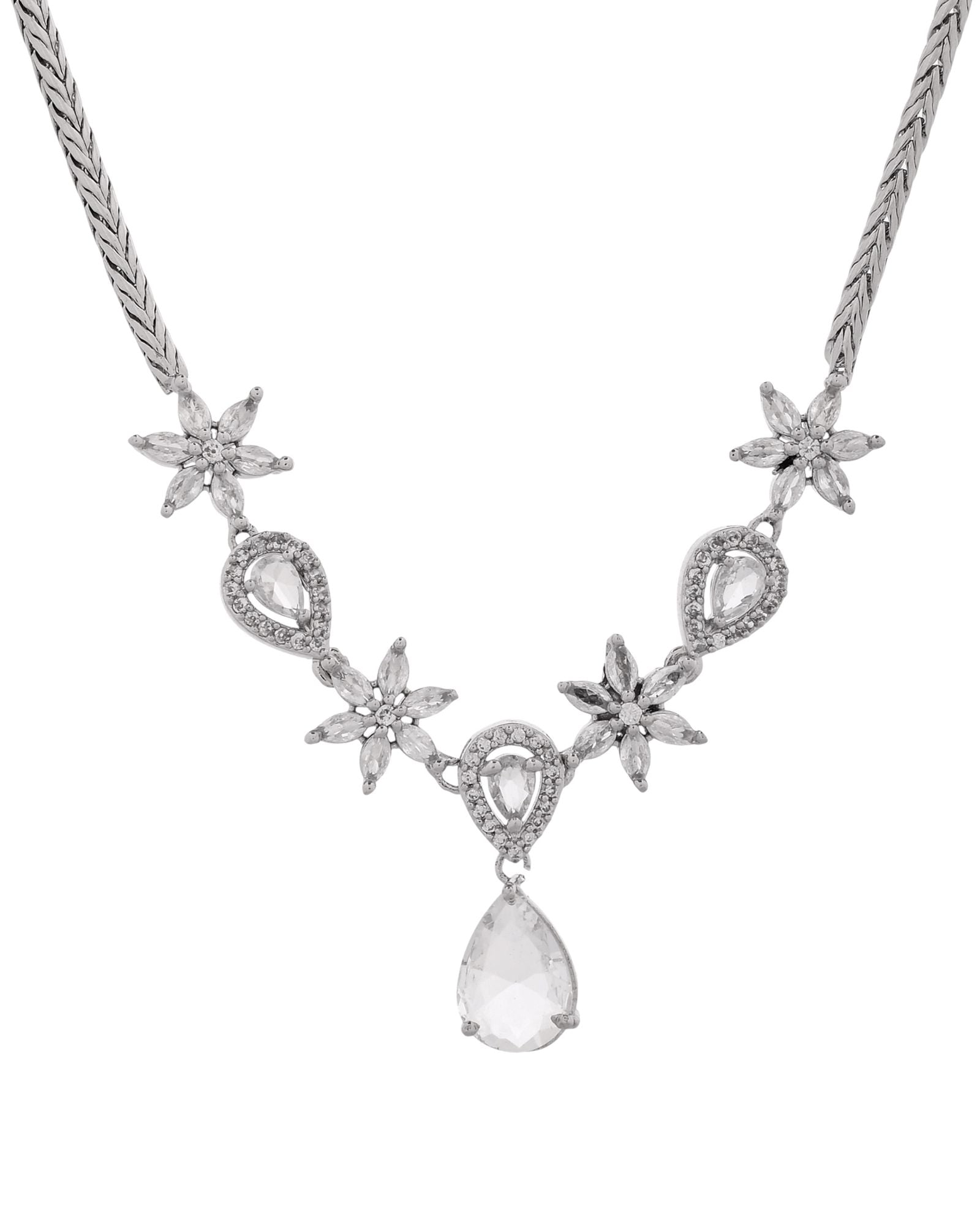 Jewels Nest Silver-Plated American Diamond (Ad) Floral Teardrop Necklace Set With Matching Stud Earrings