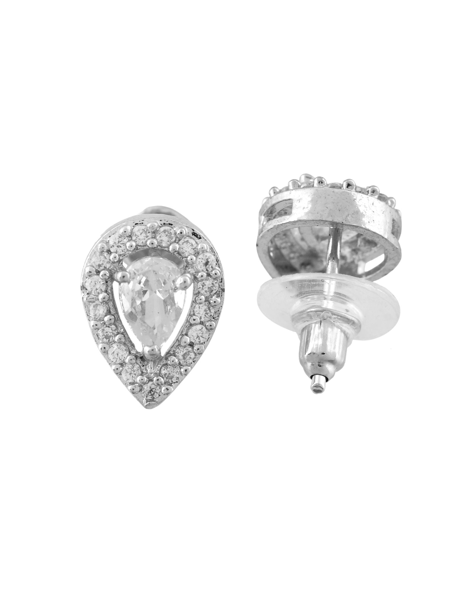Jewels Nest Silver-Plated American Diamond (Ad) Floral Teardrop Necklace Set With Matching Stud Earrings