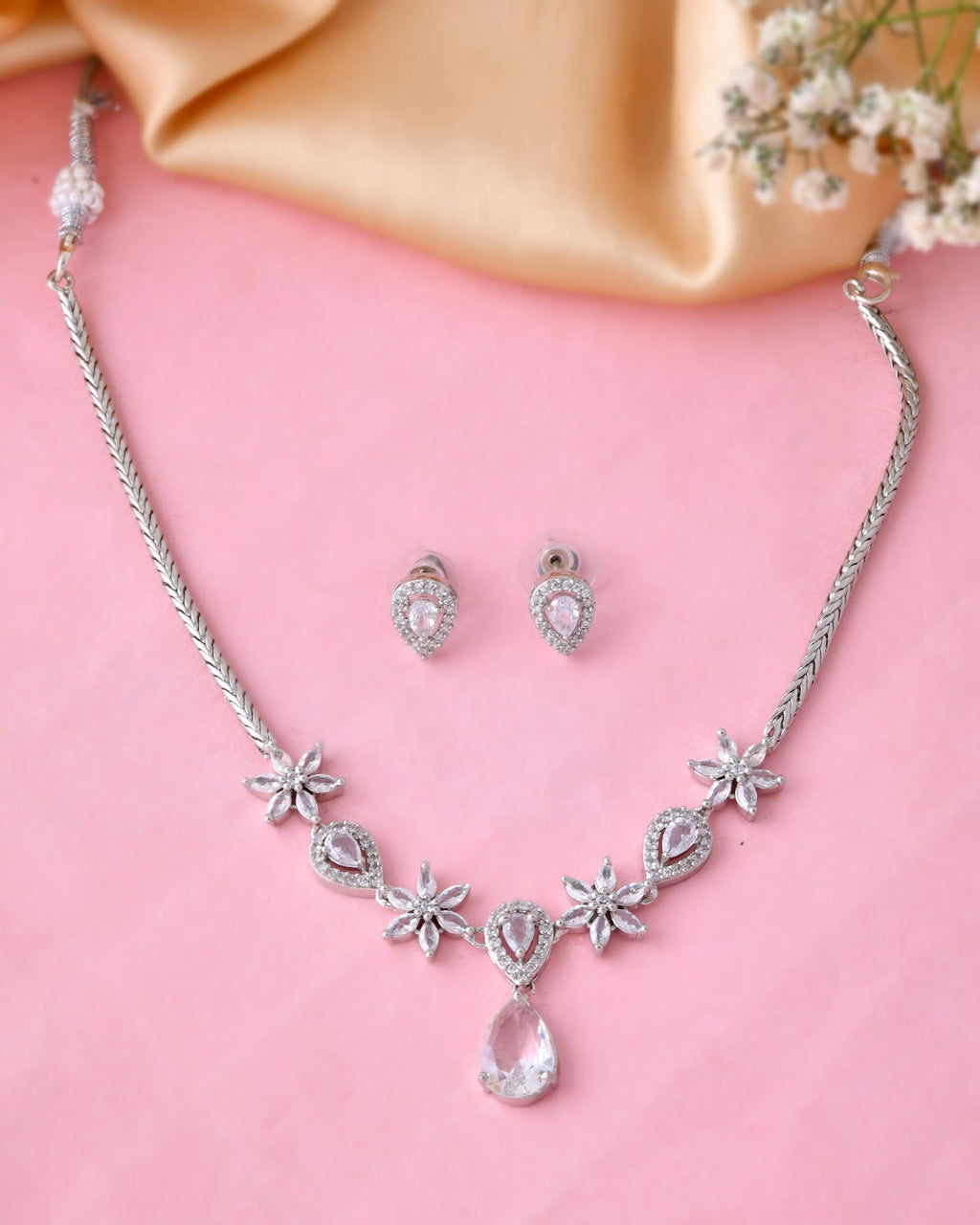 Jewels Nest Silver-Plated American Diamond (Ad) Floral Teardrop Necklace Set With Matching Stud Earrings