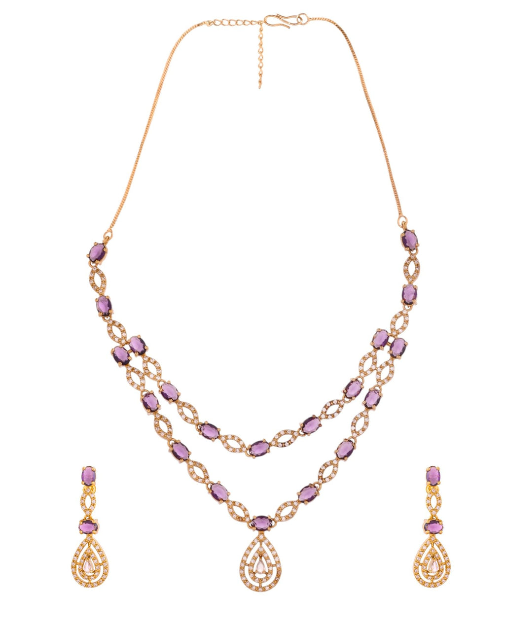 Jewels Nest Gold-Plated American Diamond (Ad) Purple Stone Teardrop Necklace Set With Matching Earrings