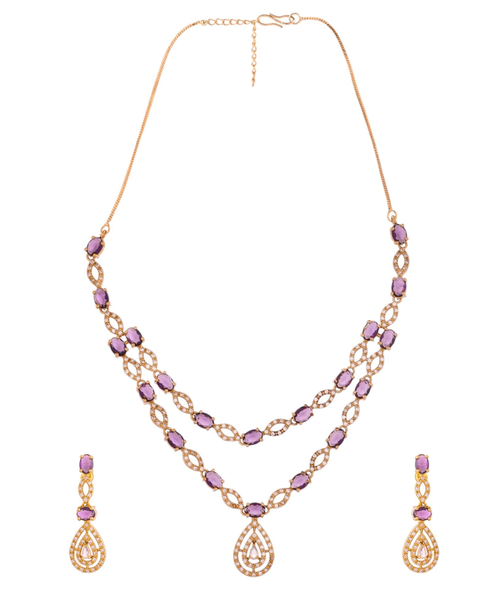 Jewels Nest Gold-Plated American Diamond (Ad) Purple Stone Teardrop Necklace Set With Matching Earrings