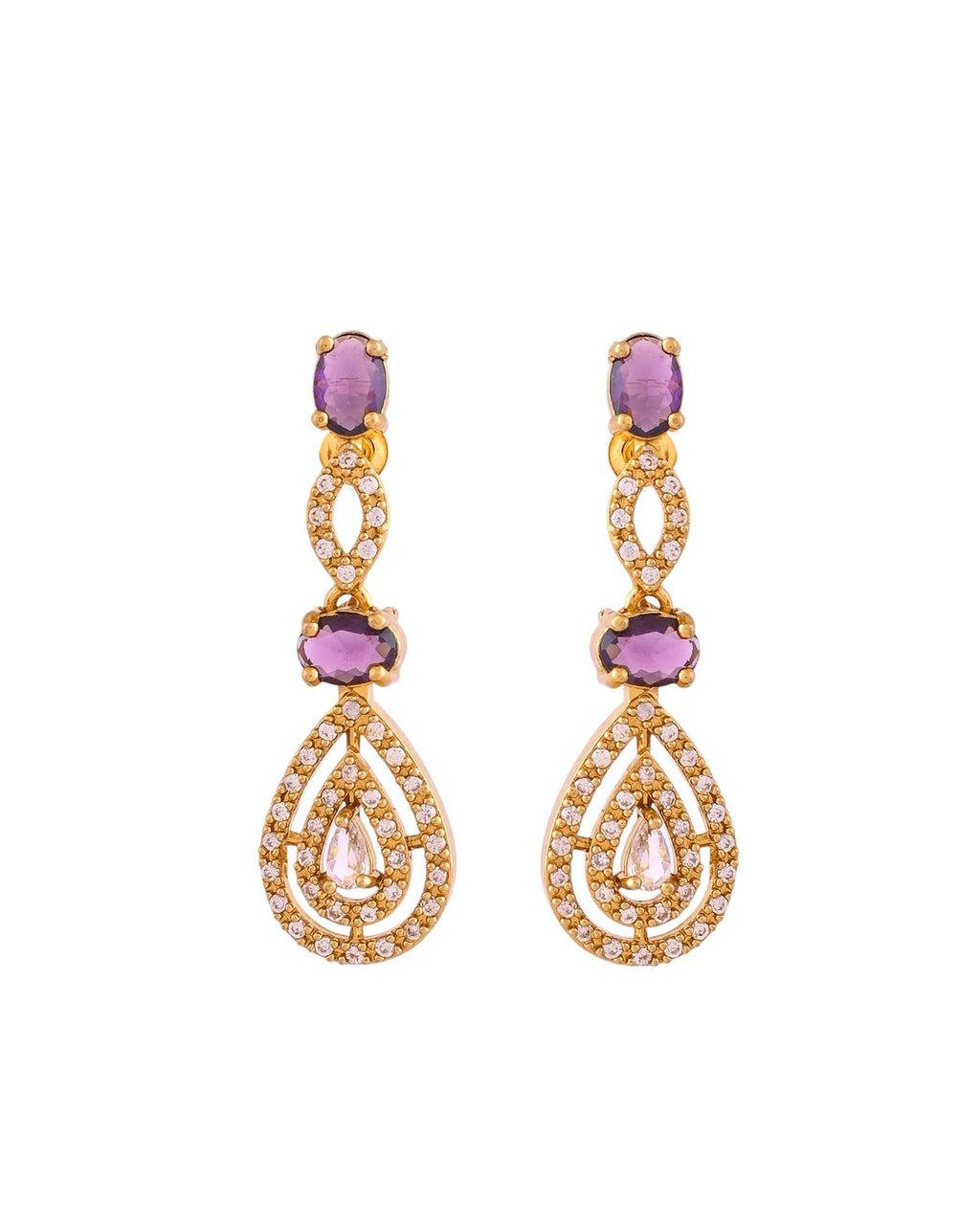Jewels Nest Gold-Plated American Diamond (Ad) Purple Stone Teardrop Necklace Set With Matching Earrings