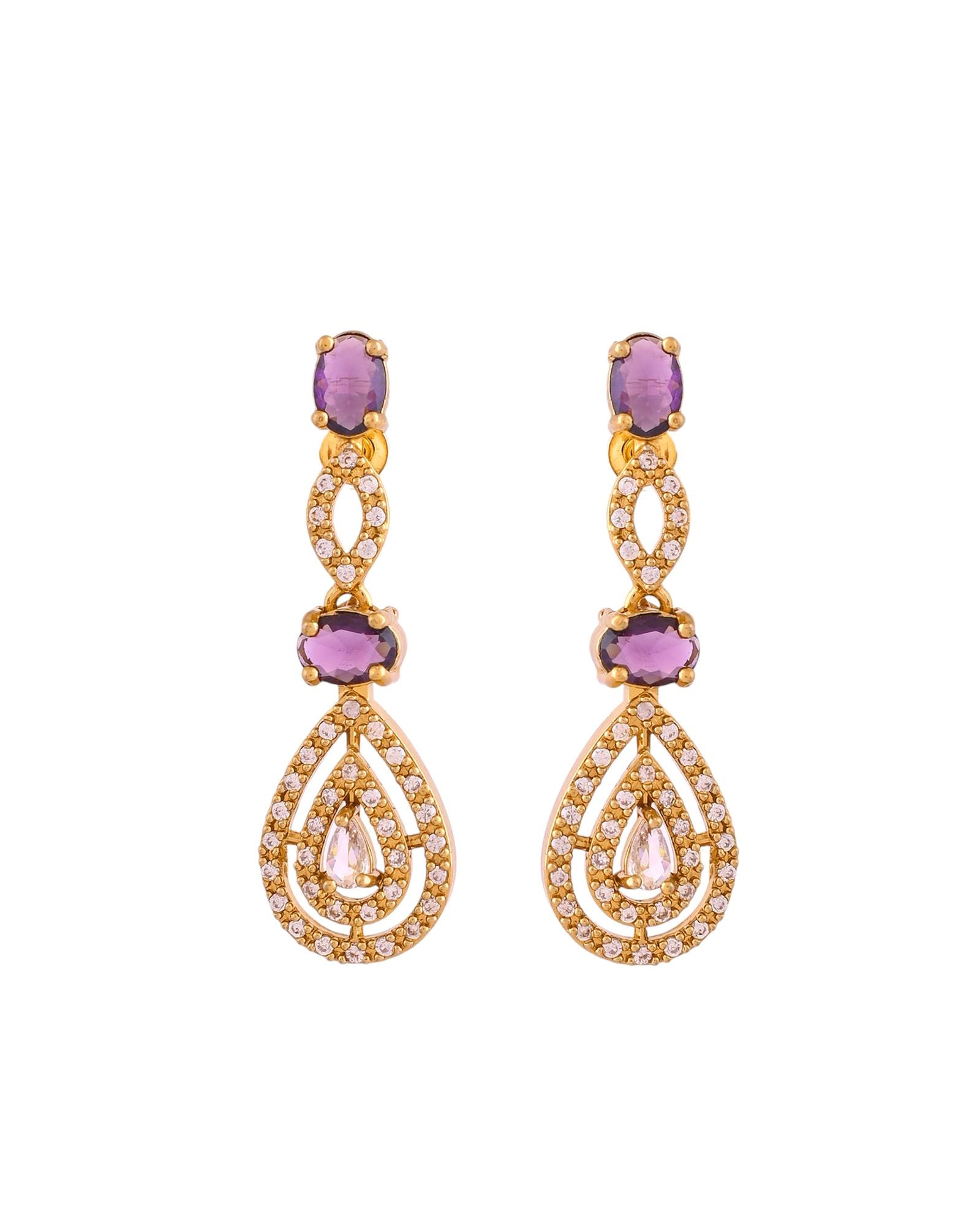 Jewels Nest Gold-Plated American Diamond (Ad) Purple Stone Teardrop Necklace Set With Matching Earrings