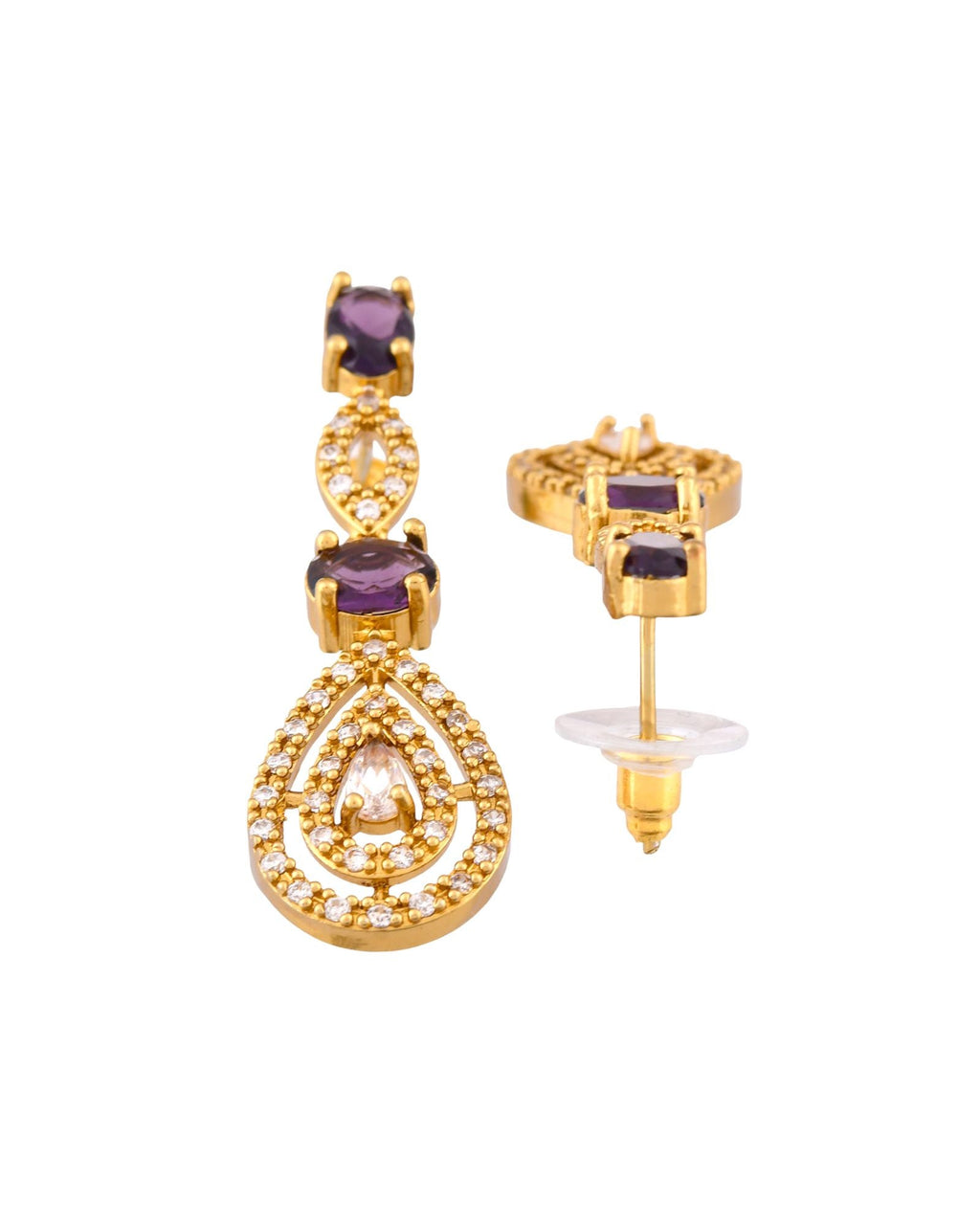 Jewels Nest Gold-Plated American Diamond (Ad) Purple Stone Teardrop Necklace Set With Matching Earrings