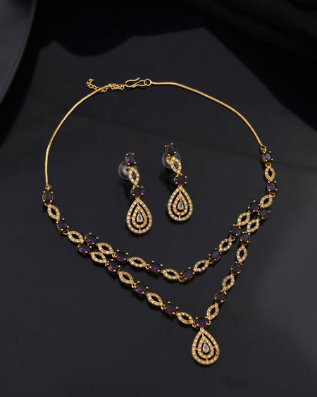 Jewels Nest Gold-Plated American Diamond (Ad) Purple Stone Teardrop Necklace Set With Matching Earrings