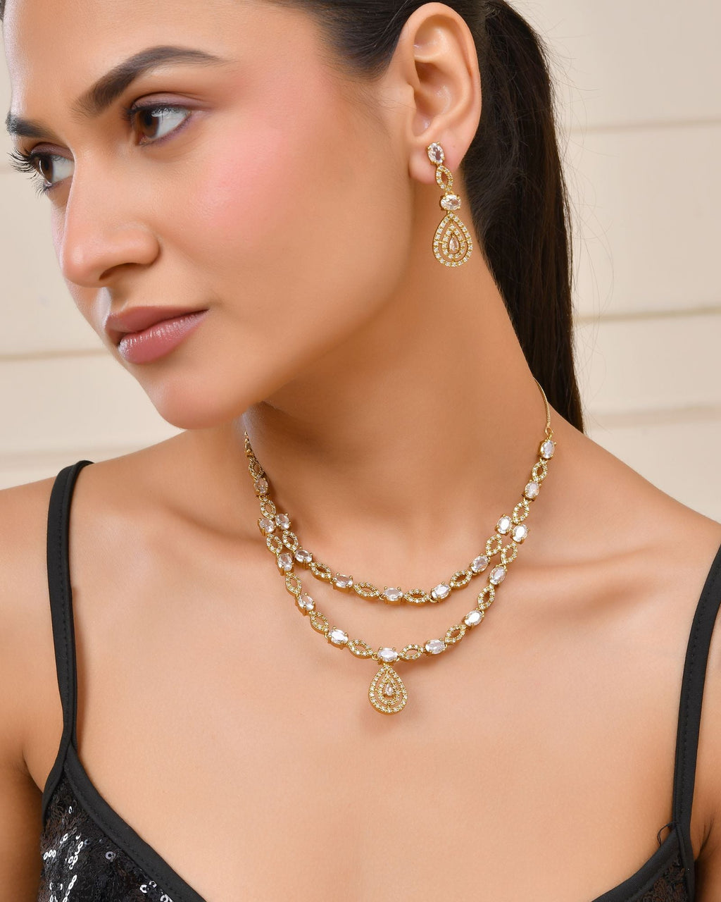 Jewels Nest Elegant Gold-Plated Teardrop Cz Necklace Set With Matching Earrings For Women