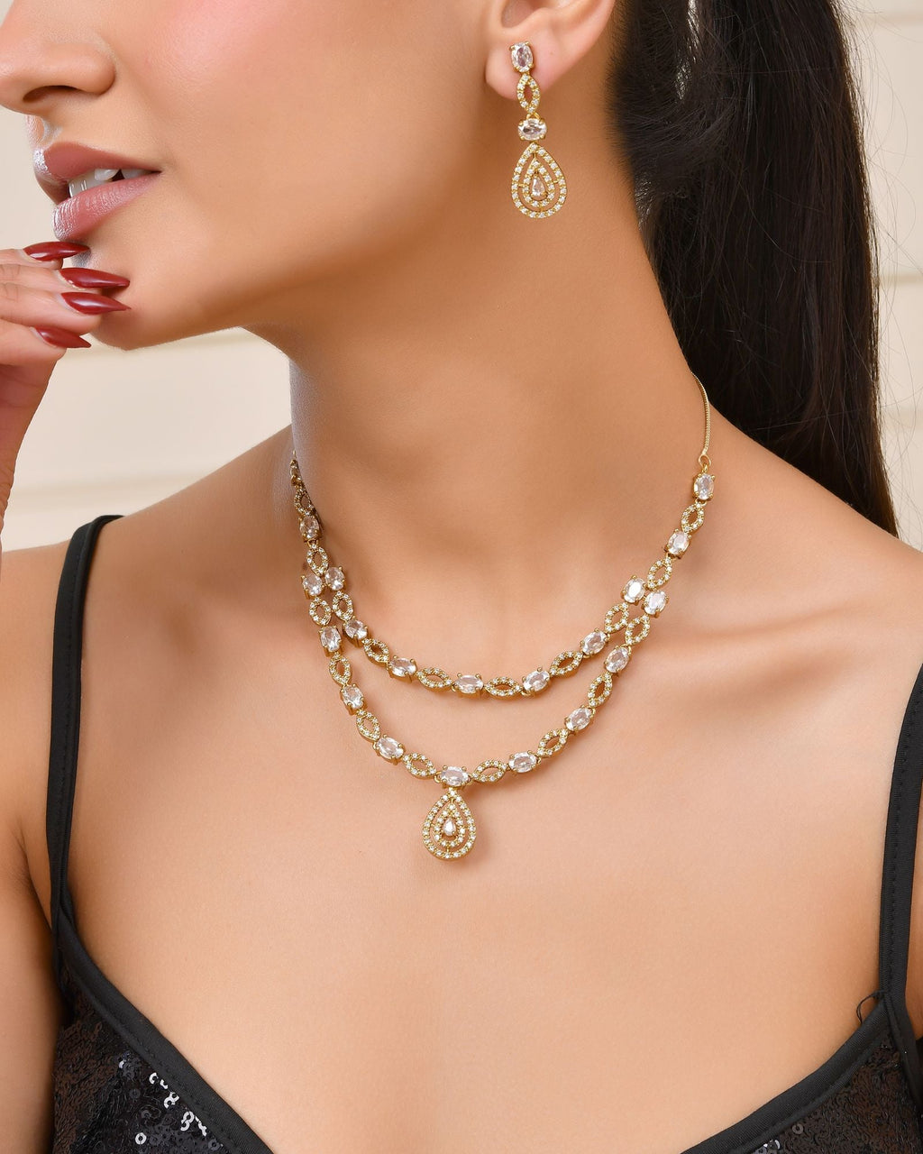 Jewels Nest Elegant Gold-Plated Teardrop Cz Necklace Set With Matching Earrings For Women